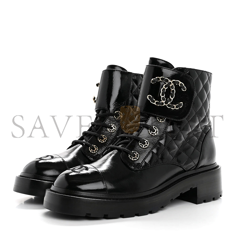 CHANEL SHINY CALFSKIN QUILTED LACE UP COMBAT BOOTS G36424